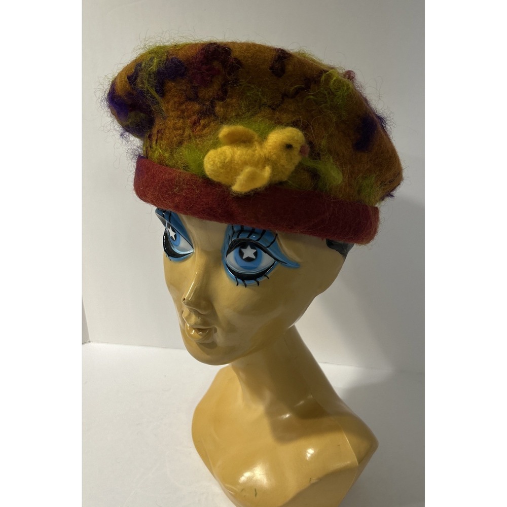 Felted Wool Beret Hat Artsy Vibrant Yellow Duck Adornment 7.5"